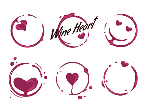 Collection of wine glass round stains shaping hearts and smiling faces. Good mood and wine love concept. Vector spilled drops and splashes on white background.
