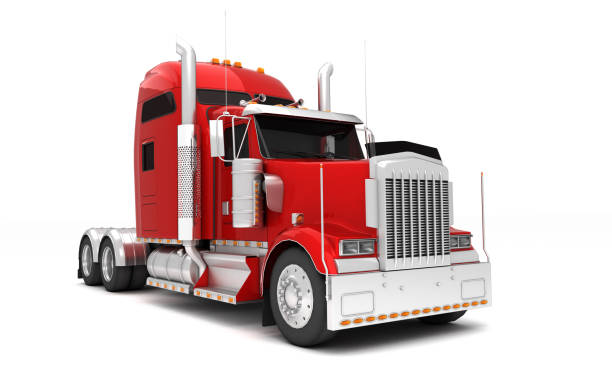 istock Logistics concept. American red Freightliner cargo truck without a container moving from left to right isolated on white background. Front perspective view. 3D illustration 1057906232