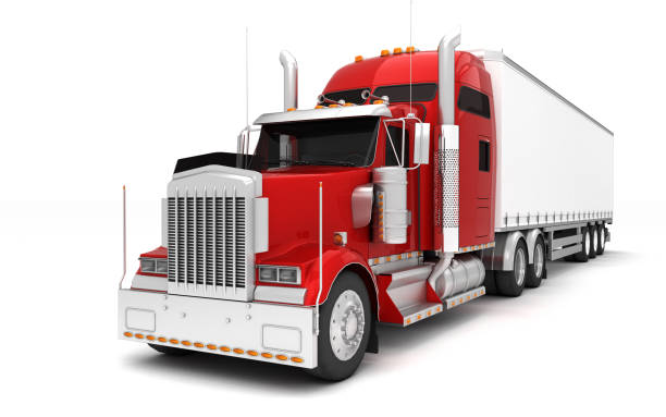 istock Logistics concept. American red Freightliner cargo truck with container moving from right to left isolated on white background. Perspective. front side view. 3D illustration 1057907048