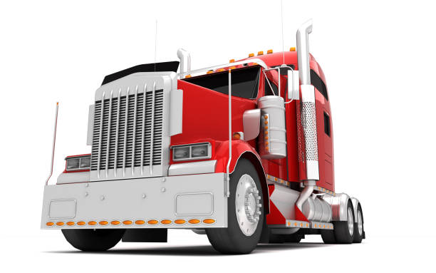 istock Logistics concept. American red Freightliner cargo truck without a container moving from right to left isolated on white background. Front perspective view. Bottom view. 3D illustration 1057907084
