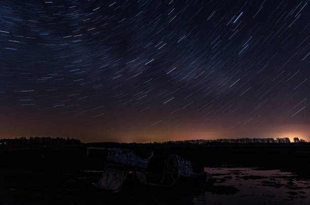 istock Old car in field on a starry night 1057907706