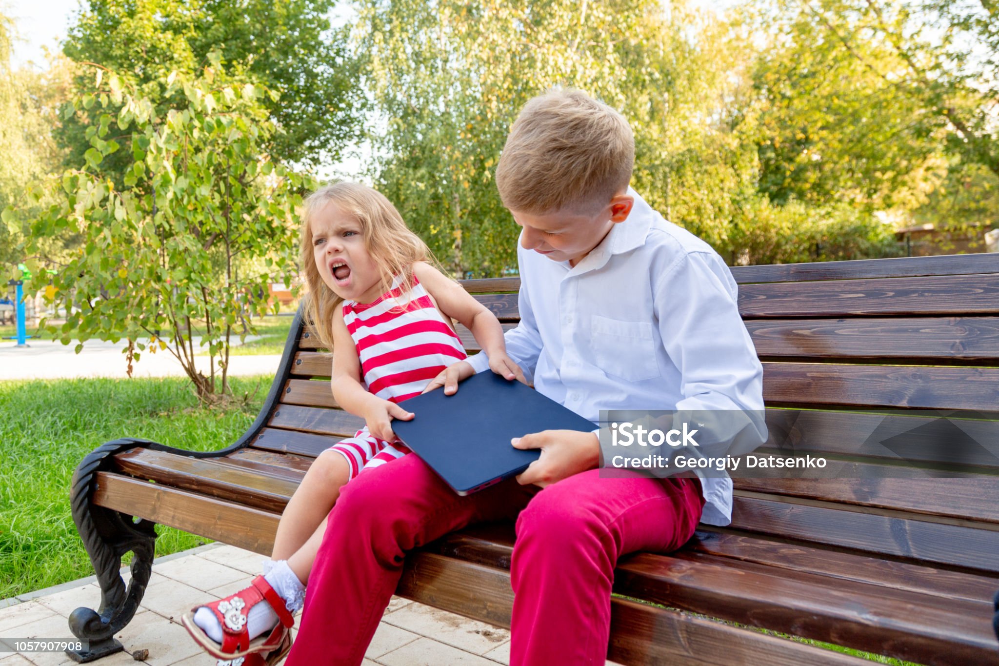 sister trying to get laptop from brother