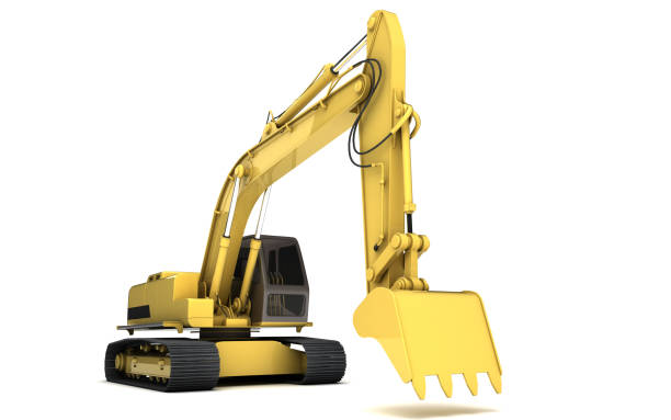 istock Massive powerful concept. Hydraulic Excavator with bucket. 3d illustration. Wide angle. Front view. Perspective. Isolated on white background 1057910354