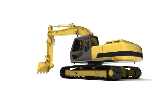 istock Massive powerful concept. Hydraulic Excavator with bucket. 3d illustration. Perspective. Rear side view. Wide angle. Isolated on white background 1057910598