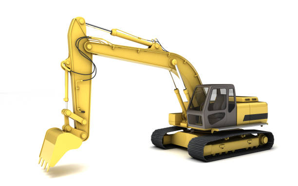 istock Massive powerful concept. Hydraulic Excavator with bucket. 3d illustration. Wide angle. Left side  view. Perspective. Isolated on white background 1057911948
