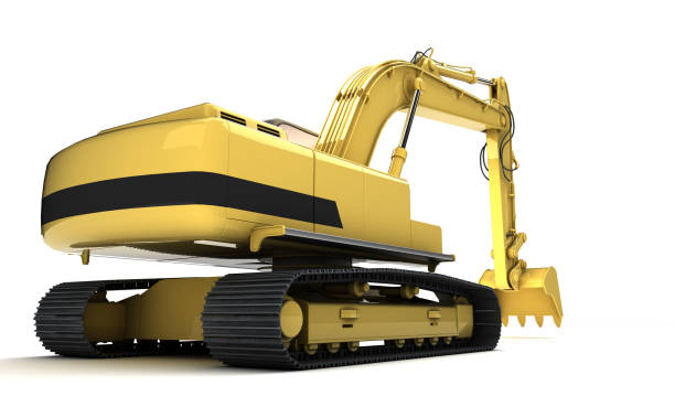istock Massive powerful concept. Hydraulic Excavator with bucket. 3d illustration. Rear bottom view. Wide angle. Isolated on white background 1057912044