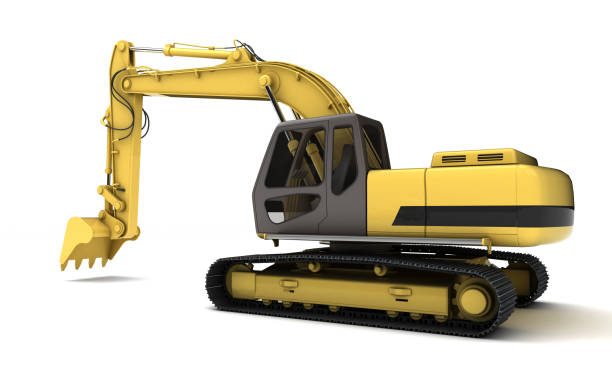 istock Hydraulic Excavator with bucket. 3d illustration. Rear side view. Wide angle. Isolated on white background 1057912580