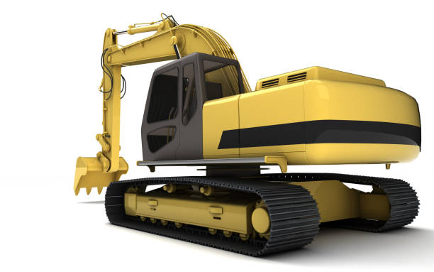 istock Massive powerful concept. Hydraulic Excavator with bucket. 3d illustration. Perspective. Rear side view. Wide angle. Isolated on white background 1057912698