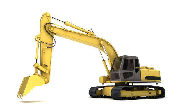 istock Massive powerful concept. Hydraulic Excavator with bucket. 3d illustration. Wide angle. Left side  view. Perspective. Isolated on white background 1057912832