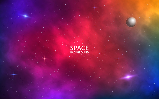 Space background. Realistic colorful galaxy. Color nebula with shining stars, stardust and planet. Abstract futuristic backdrop. Vector Illustration for brochure, banner, poster.