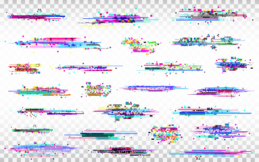 Glitch elements set. Color distortions on transparent background. Abstract digital noise. Error collection. Modern glitch templates. Pixel design. Vector illustration.