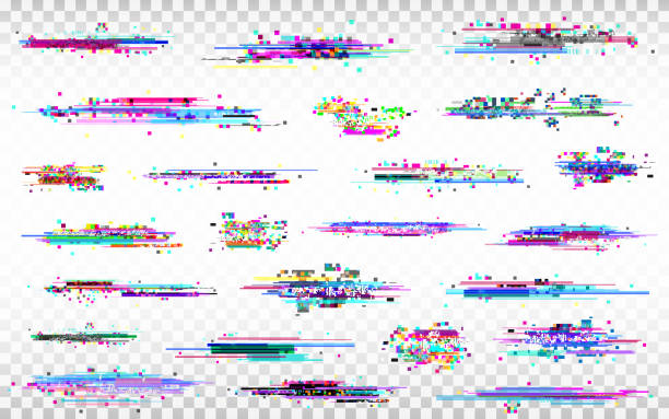 Glitch elements set. Color distortions on transparent background. Abstract digital noise. Error collection. Modern glitch templates. Pixel design. Vector illustration Glitch elements set. Color distortions on transparent background. Abstract digital noise. Error collection. Modern glitch templates. Pixel design. Vector illustration. tv glitch stock illustrations