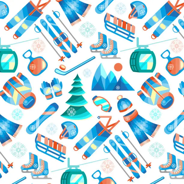 Vector illustration of Winter sports seamless pattern with equipment flat icons.