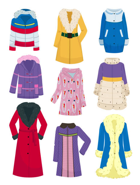 Outerwear for women Set of outerwear for women, autumn and winter seasons, different models, isolated on white background yellow belt stock illustrations