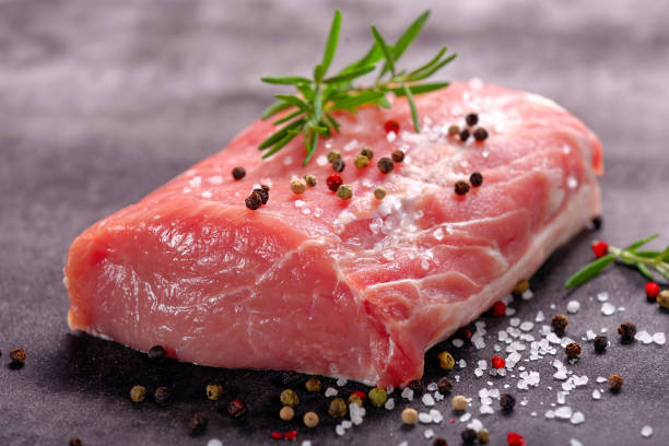 istock Raw portion of pork chop on a stone background with empty space for text 1057918660
