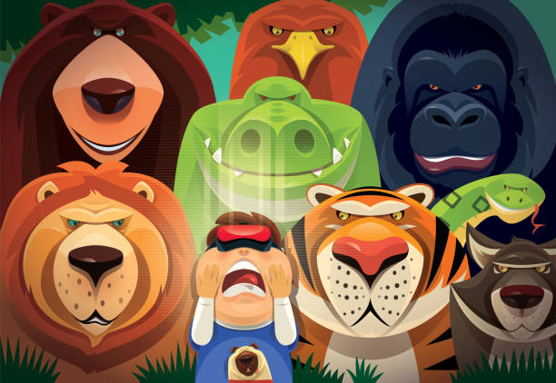 vr 고글을 통해 위험한 동물을 보고 하는 아이 - safari animals wild animals animals and pets reptile stock illustrations