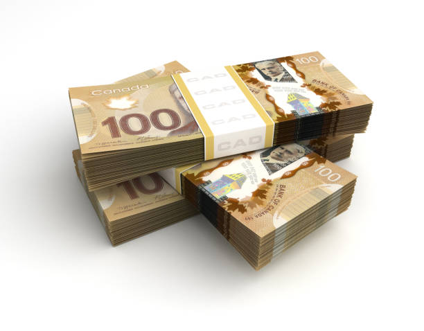 pila di dollari canadesi - currency stack dollar heap foto e immagini stock