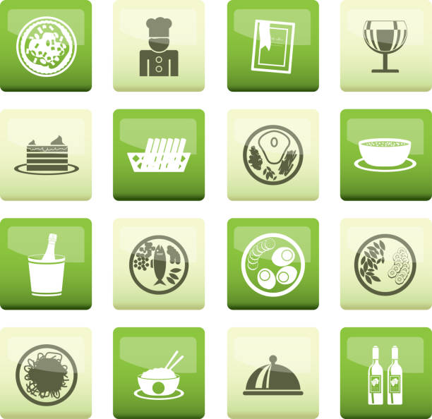 ikony restauracji, jedzenia i picia na zielonym tle - china food sausage salami sweet food stock illustrations