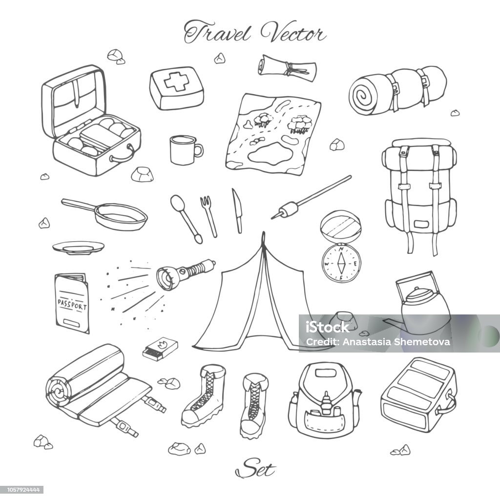 Medalla Cuota de admisión Suposición Hand Drawn Vector Camping Set With Tent Flashlight Map First Aid Kit Bags  Backpacks And Sleeping Bag Outline Travel Contours Collection Isolated On  The White Background Stock Illustration - Download Image Now -
