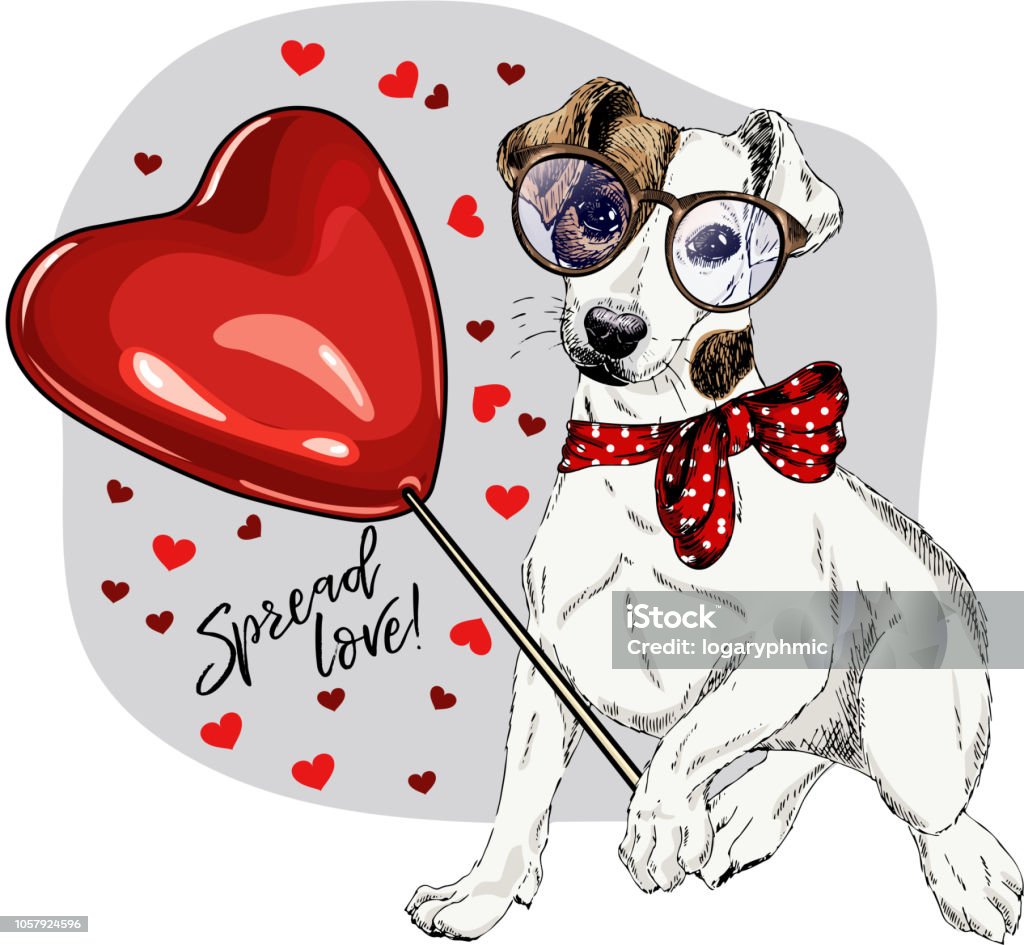 Hand drawn Jack Russel terrier with heart shape baloon. Vector Valentine day greeting card. Cute colorful dog wears glasses and bandana. Romantic design. Love pet portrait. Poster, banner. Spread love Animal stock vector