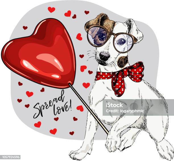 Hand Drawn Jack Russel Terrier With Heart Shape Baloon Vector Valentine Day Greeting Card Cute Colorful Dog Wears Glasses And Bandana Romantic Design Love Pet Portrait Poster Banner Spread Love Stock Illustration - Download Image Now