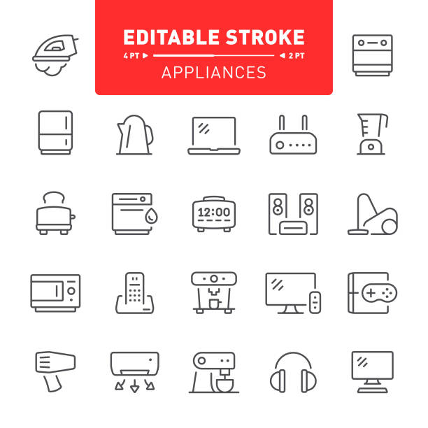 Home Appliances Icons Home appliances, editable stroke, outline, icon, icon set, refrigerator, washing machine, iron cordless phone stock illustrations