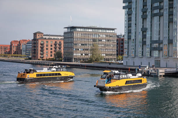 Copenhagen Harbor, Denmark - September 4, 2018: The water busses from the Movia company are very popular in Copenhagen and in a few years, they will be replaced by electric boats