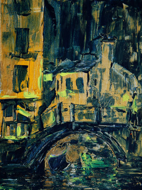 Night view of the canal with boat and bridge in Venice Night view of the canal with boat and bridge in Venice expressionism stock illustrations
