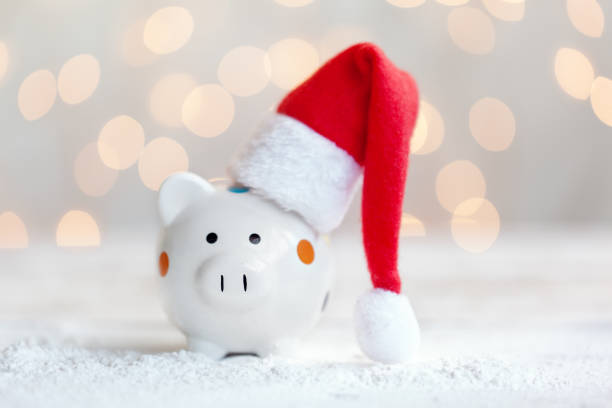 istock Red santa hat with piggy bank on bokeh light background. 1057932046