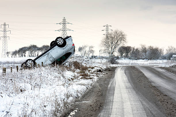 Road Traffic Accident during Winter  ditch stock pictures, royalty-free photos & images
