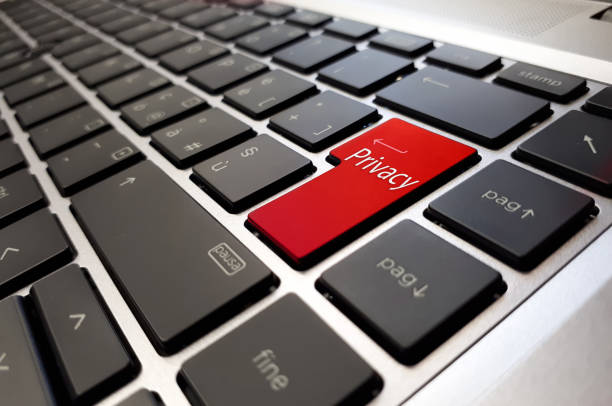 istock Illustration - Privacy Button on Laptop Keyboard. Modern Laptop Keyboard with Hot Key for Privacy. Privacy Written on a Large Red Button of a Modern Keyboard. 3D Illustration 1057935602