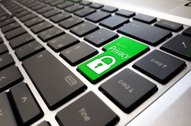 istock Illustration - Privacy Button on Laptop Keyboard. Modern Laptop Keyboard with Hot Key for Privacy. Privacy Written on a Large Green Button of a Modern Keyboard with locked symbol. 3D Illustration 1057936674