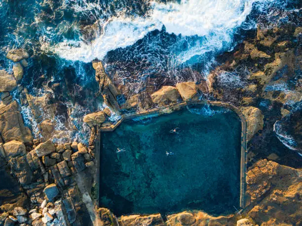 Top down view of Maroubra Mahon pool with people swimming. Sydney, Australia