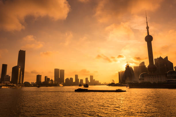 shanghai skyline in sunrise, huangpu river panorama