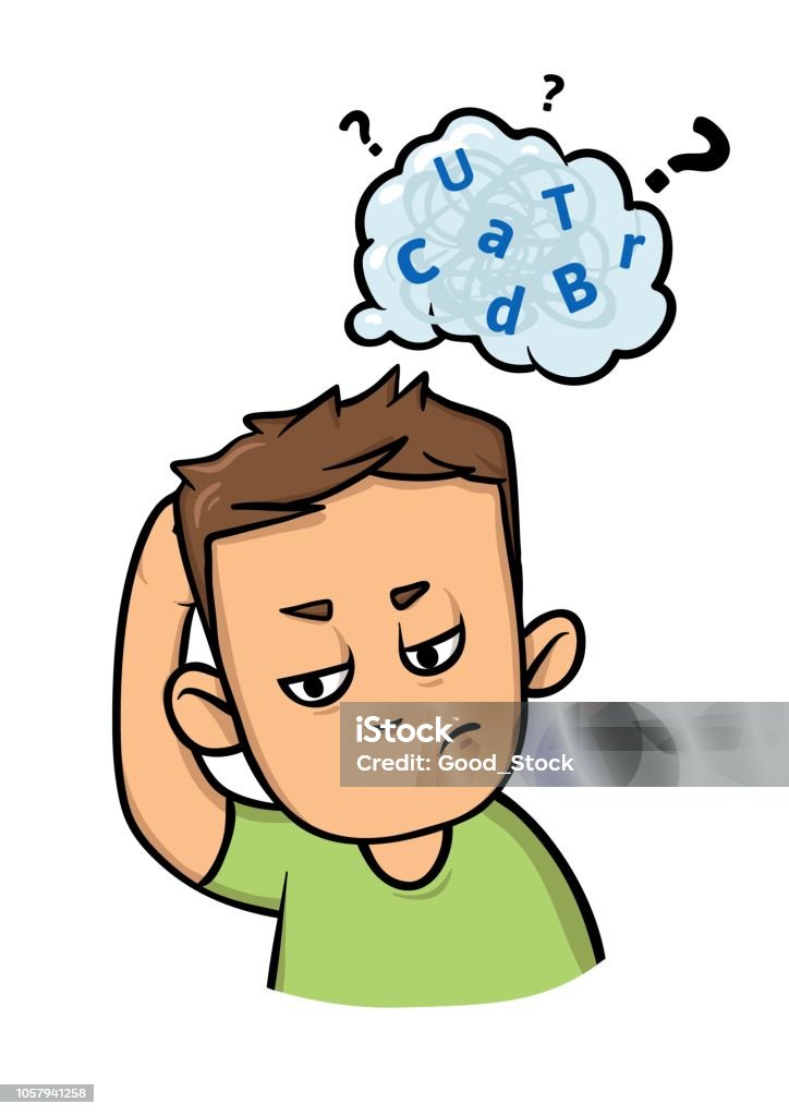 Confused boy with a cloud of mixed letters above his head. Dyslexia and audhd. Flat vector illustration. Isolated on white background. Confused guy with a cloud of scattered letters above his head. Dyslexia and adhd. Flat vector illustration. Isolated on white background. Fog stock vector