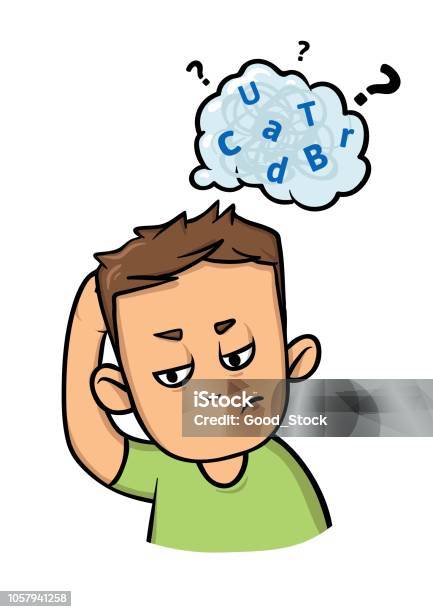 Confused Boy With A Cloud Of Mixed Letters Above His Head Dyslexia And Audhd Flat Vector Illustration Isolated On White Background Stock Illustration - Download Image Now