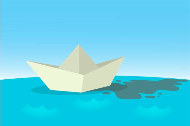 ilustraciones, imágenes clip art, dibujos animados e iconos de stock de barquito de papel navegando en la superficie del agua azul. ilustración de vector plano horizontal. - sea water single object sailboat