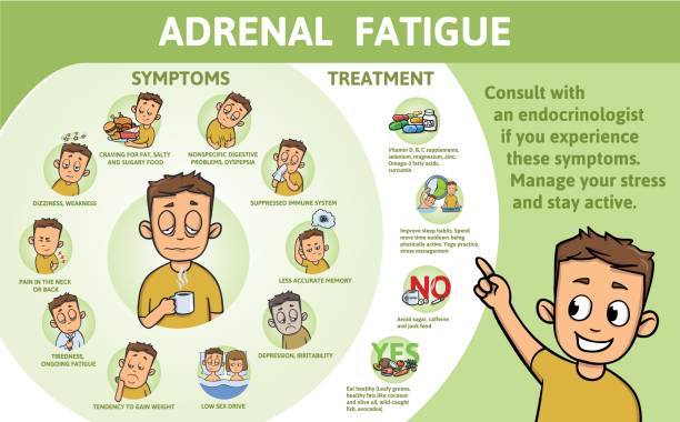 bildbanksillustrationer, clip art samt tecknat material och ikoner med adrenal trötthet symtom och behandling. information affisch med text och tecken. flat vektorillustration, horisontell. - wasted food