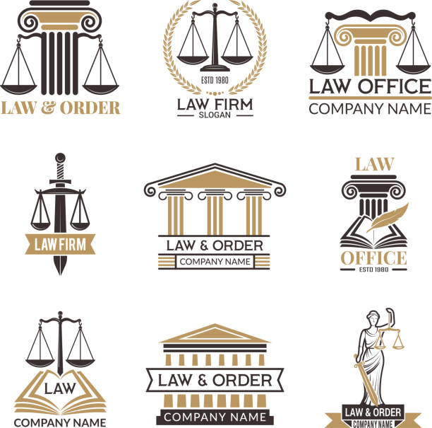 ilustrações de stock, clip art, desenhos animados e ícones de badges of law and legal. hammer of judge, legal code black illustrations of labels for jurisprudence. legal notes vector pictures - weight scale scale balance legal system