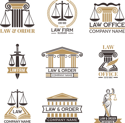 istock Badges of law and legal. Hammer of judge, legal code black illustrations of labels for jurisprudence. Legal notes vector pictures 1057949826