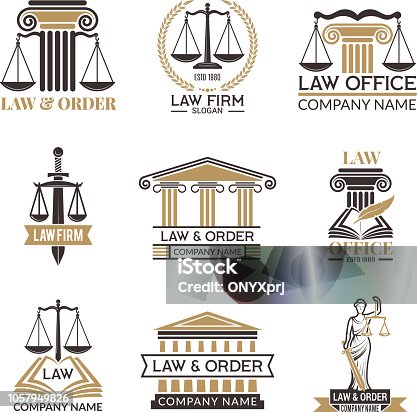 istock Badges of law and legal. Hammer of judge, legal code black illustrations of labels for jurisprudence. Legal notes vector pictures 1057949826