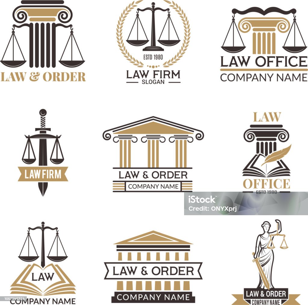 Badges of law and legal. Hammer of judge, legal code black illustrations of labels for jurisprudence. Legal notes vector pictures Badges of law and legal. Hammer of judge, legal code black illustrations of labels for jurisprudence. Legal notes vector pictures. Justice and lawyer, court and authority Logo stock vector