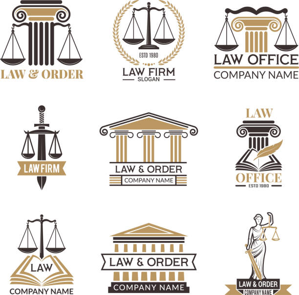 Badges of law and legal. Hammer of judge, legal code black illustrations of labels for jurisprudence. Legal notes vector pictures Badges of law and legal. Hammer of judge, legal code black illustrations of labels for jurisprudence. Legal notes vector pictures. Justice and lawyer, court and authority lawyer icons stock illustrations