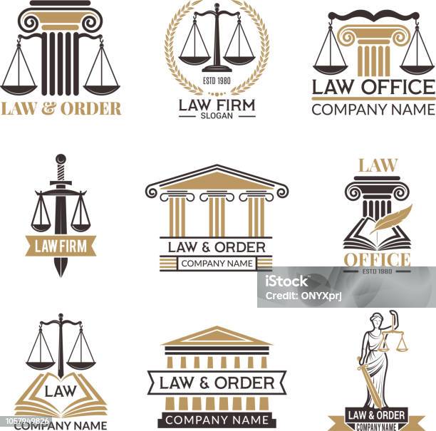 Badges Of Law And Legal Hammer Of Judge Legal Code Black Illustrations Of Labels For Jurisprudence Legal Notes Vector Pictures Stock Illustration - Download Image Now