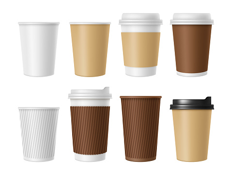 Disposable coffee cup. Blank vector template of hot coffee white paper mug. Realistic illustrations of coffee cup 3D mockup. Vector cup disposable, white and brown for tea and cappuccino