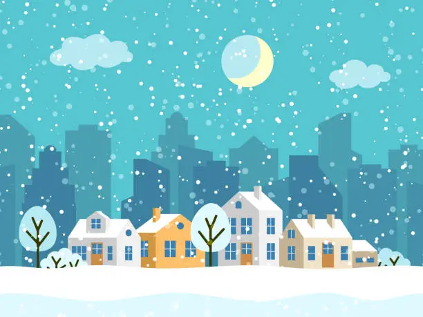 Vector illustration of Christmas winter vector landscape with small houses