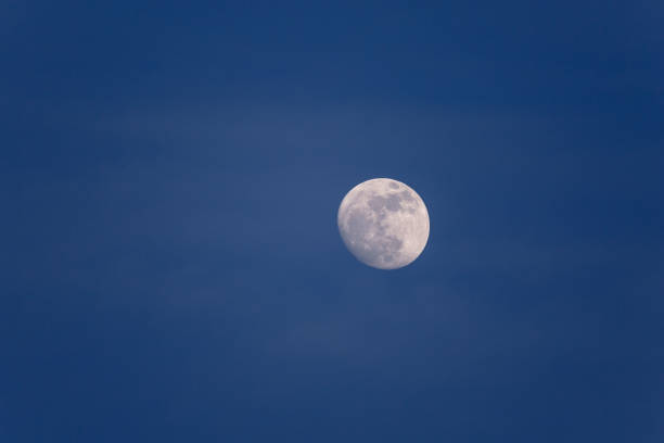 pełnia księżyca w ciągu dnia w niebieskiej godzinie z miękkimi białymi chmurami - wakeful zdjęcia i obrazy z banku zdjęć