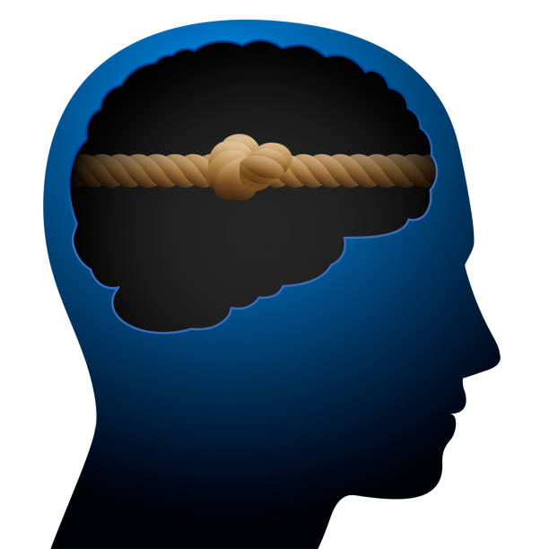 ilustrações de stock, clip art, desenhos animados e ícones de knot head. mental block. thinking barrier. symbolized with a knotted rope in the brain of a young person. - unintelligent