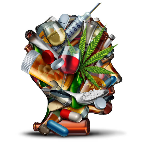 Concept Of Drug Addiction Concept of drug addiction and substance dependence as a junkie symbol or addict health problem with cocaine hroin cannabis alcohol and prescription pills with 3D illustration elements. cannabis narcotic stock pictures, royalty-free photos & images