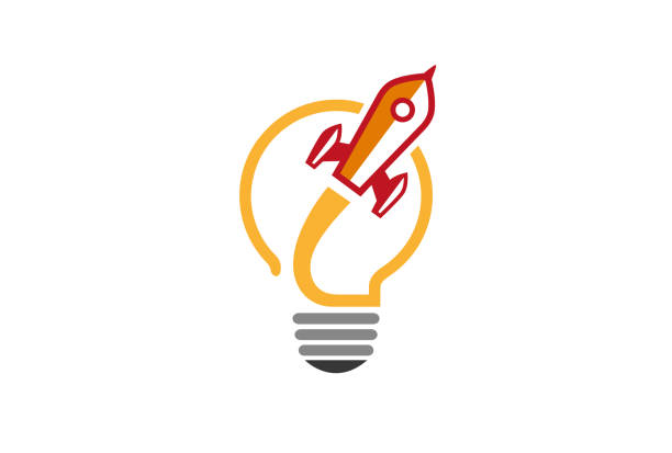 ilustraciones, imágenes clip art, dibujos animados e iconos de stock de lámpara de creative cohete logo - learning and development